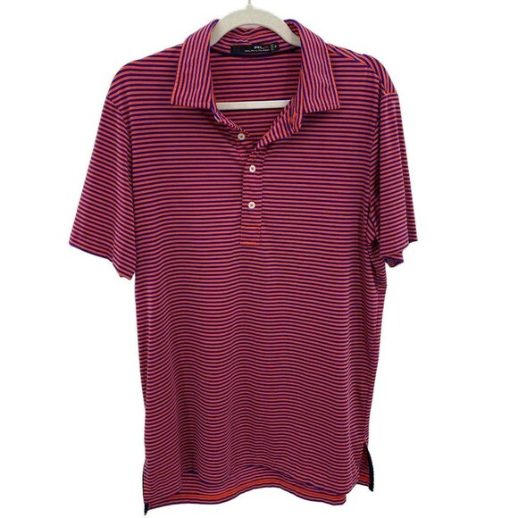 RLX Ralph Lauren Golf Polo Shirt Mens Medium Orange‎ Blue Red Stripe Polyester - Picture 1 of 7